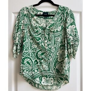 Anthropologie Maeve XS Top Green Paisley 3/4 Sleeve Tunic Blouse V Neck Shirt